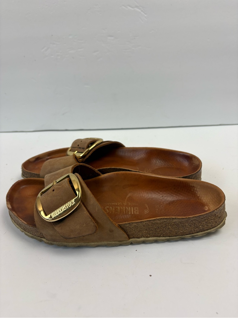 Birkenstock Madrid Big Buckle Sandals Tan Brown Cognac Gold Hardware Size 7 38